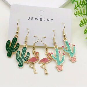 💚 3 pack of fun Cactus, Flamingo Earrings on shepherds hook earwires gold tone